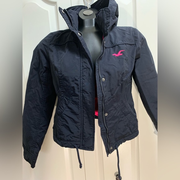 Hollister XS Black Transition Nylon Zip Jacket with Hood & Pink Fleece lining - Picture 4 of 10